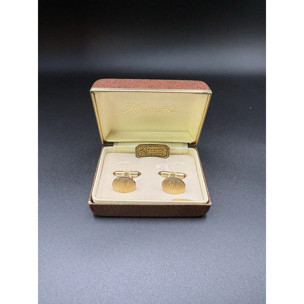 Vintage Krementz 14K Gold Overlay Cufflinks Monogram OGS w/ Original Case Set
